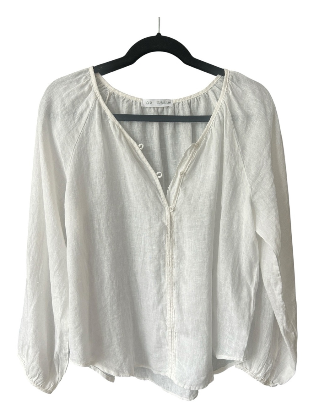 Zara White 100% Linen Flowy Peasant Blouse Top M/S
